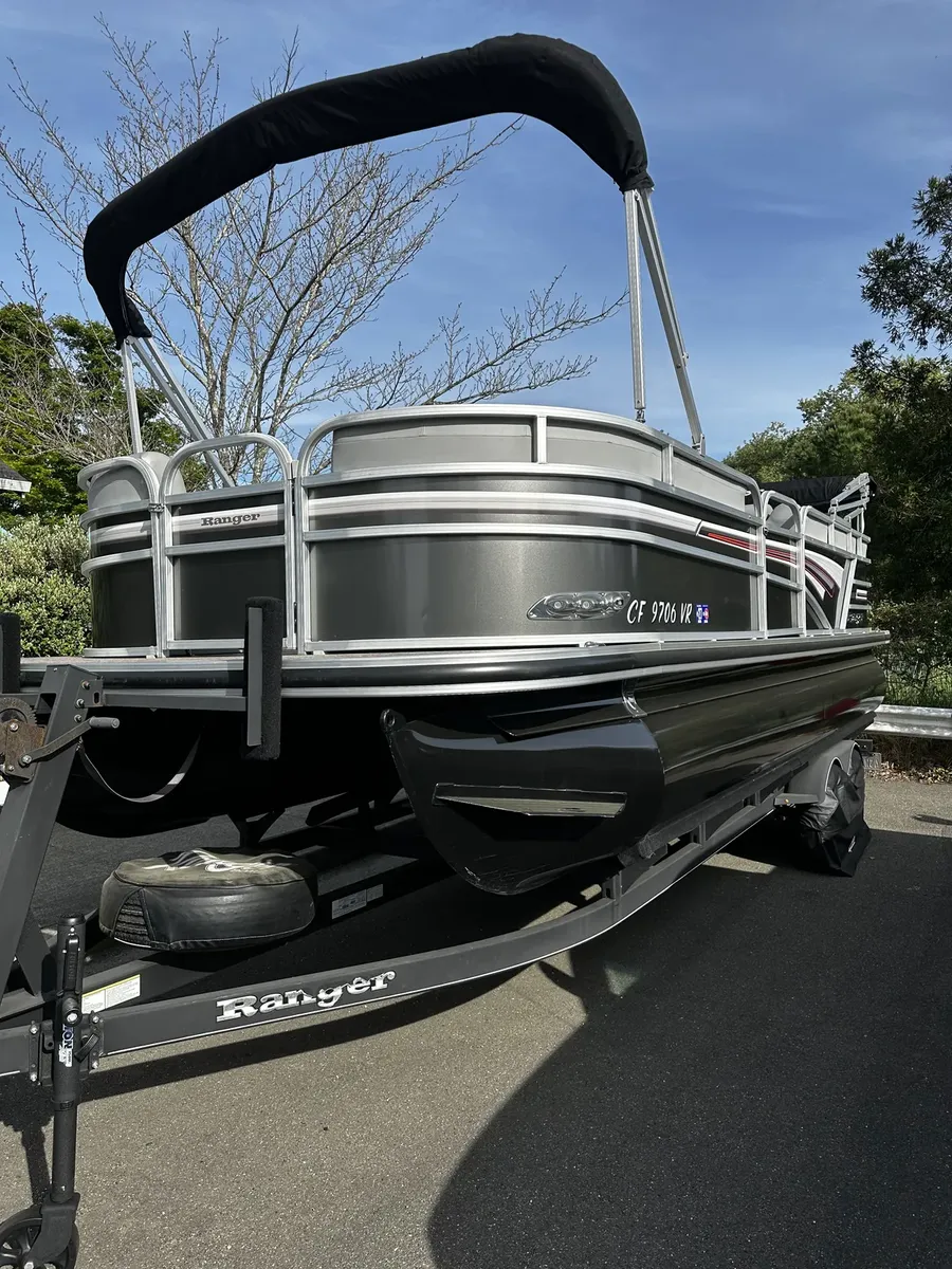 pontoon boat on a trailer after a mobile detailing service